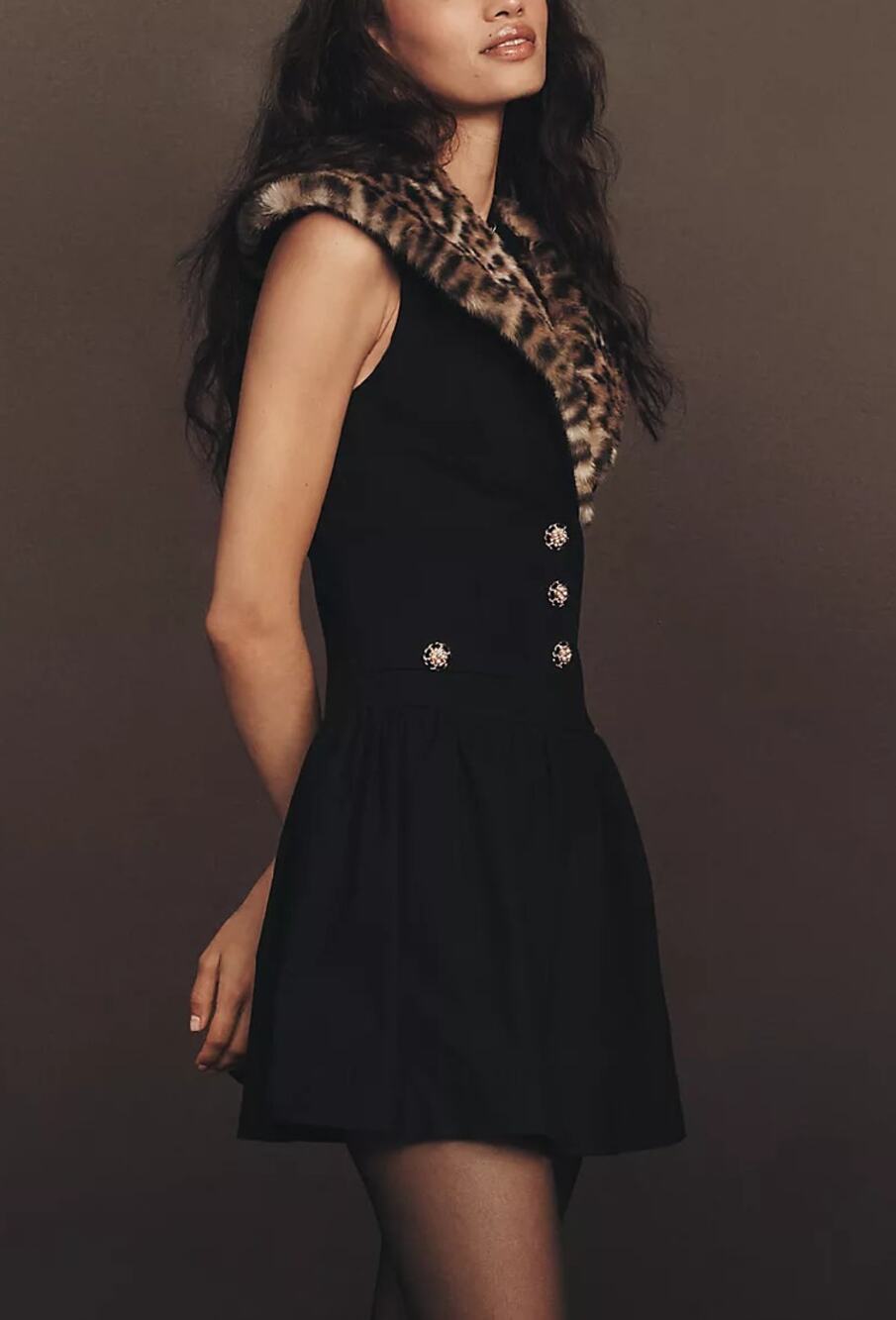 Anthropologie Maeve Faux Fur Collar Mini Dress Button Front Leopard Black Small